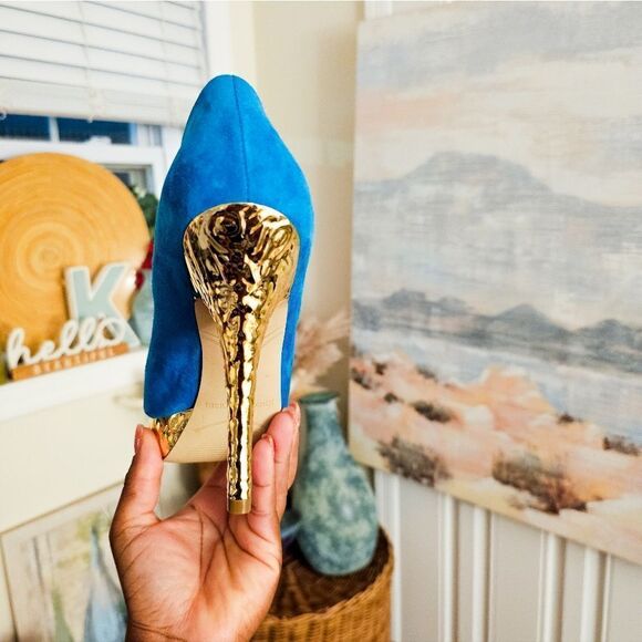 Enzo Angiolino Aqua Blue Suede Leather Sexy Peep Toe Pumps. - Picture 2 of 15